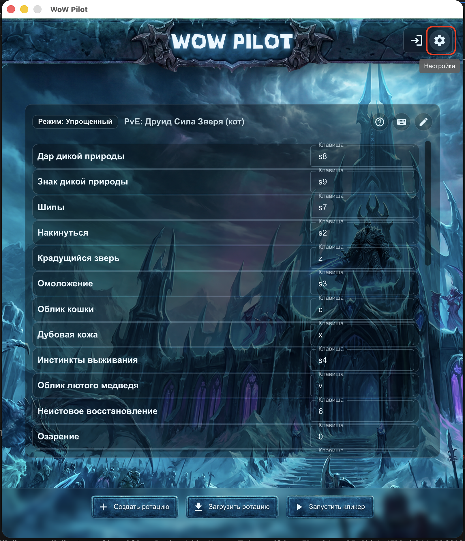Переход в настройки игры WoW Pilot